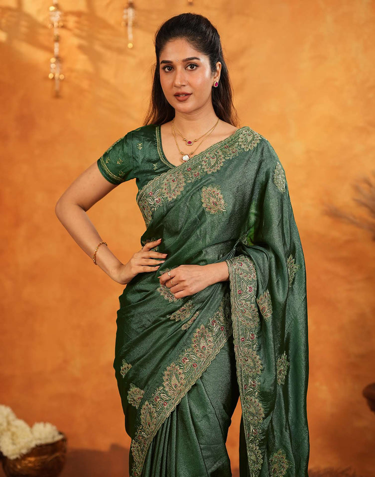 Green Vichitra Silk Stone Work Embroidery Saree