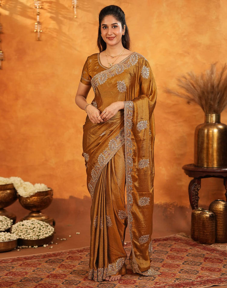 Dark Mustard Vichitra Silk Stone Work Embroidery Saree