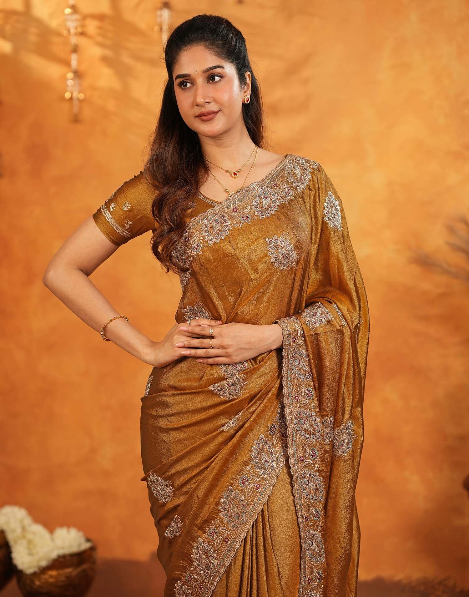 Dark Mustard Vichitra Silk Stone Work Embroidery Saree