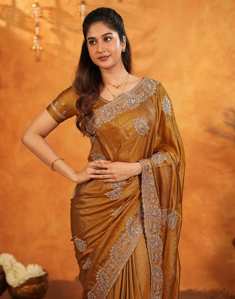 Dark Mustard Vichitra Silk Stone Work Embroidery Saree