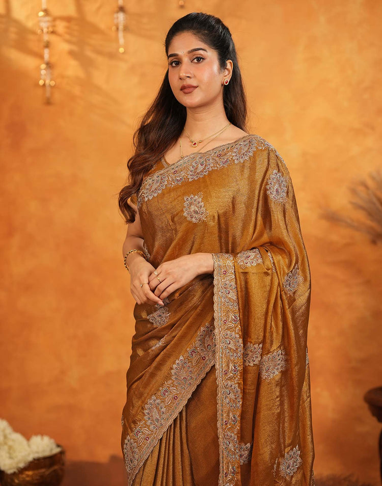 Dark Mustard Vichitra Silk Stone Work Embroidery Saree