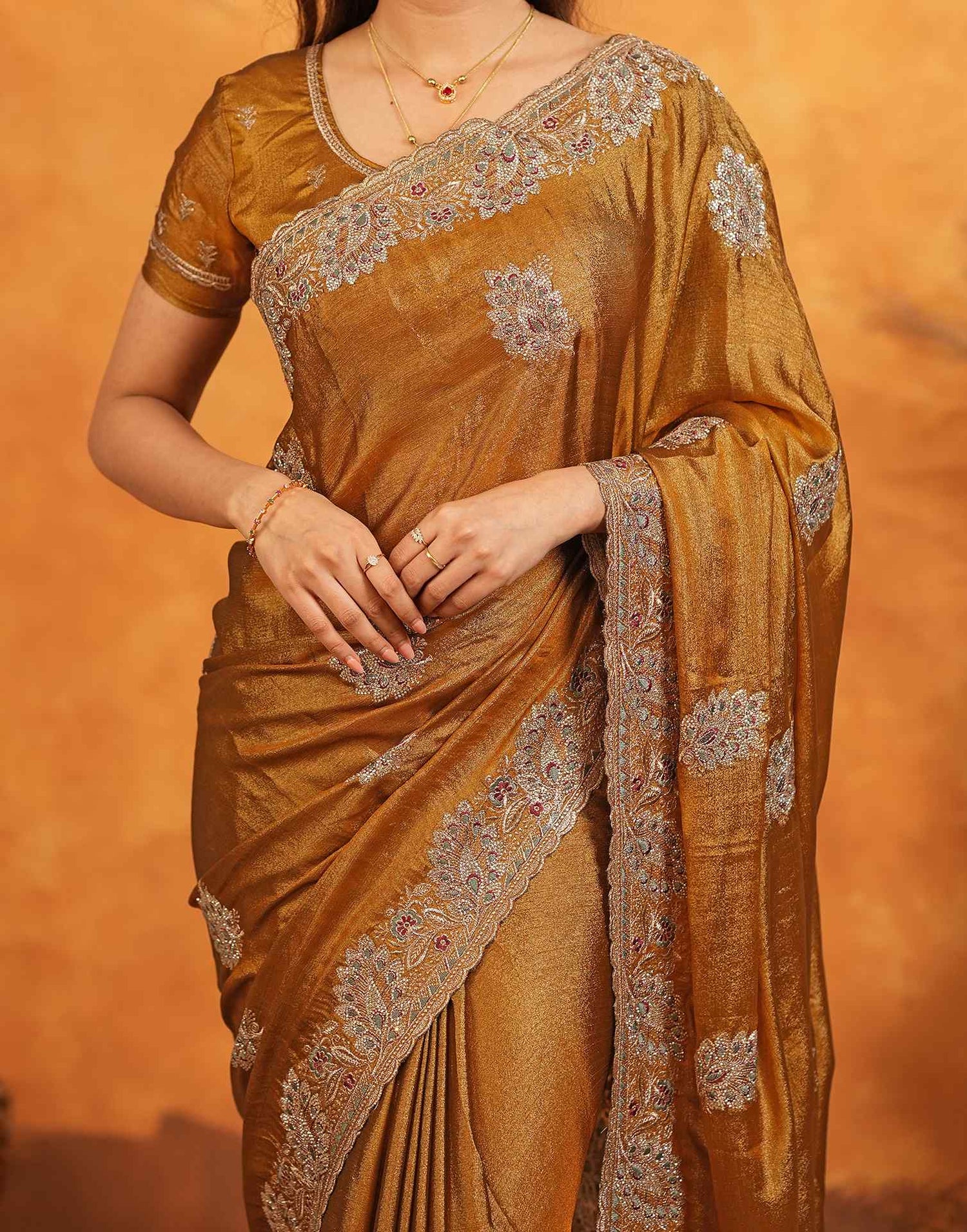 Dark Mustard Vichitra Silk Stone Work Embroidery Saree