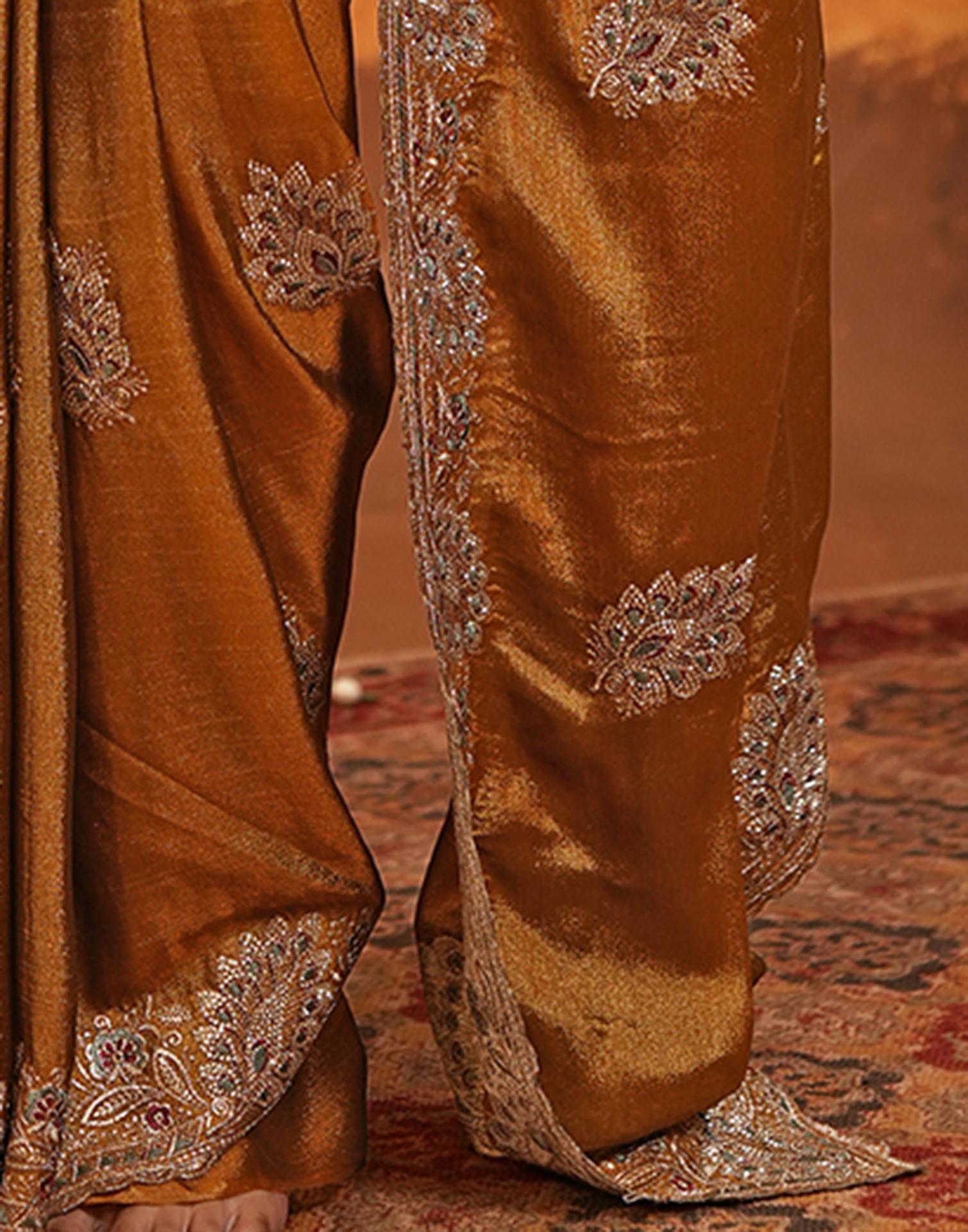 Dark Mustard Vichitra Silk Stone Work Embroidery Saree