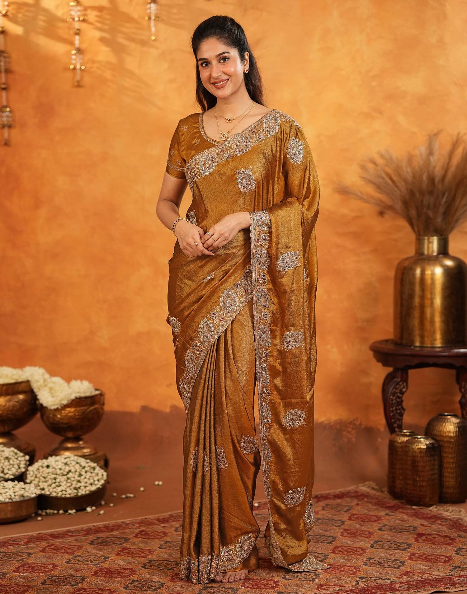 Dark Mustard Vichitra Silk Stone Work Embroidery Saree