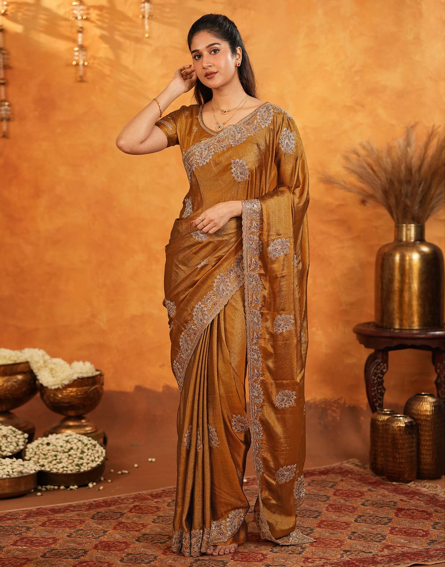Dark Mustard Vichitra Silk Stone Work Embroidery Saree