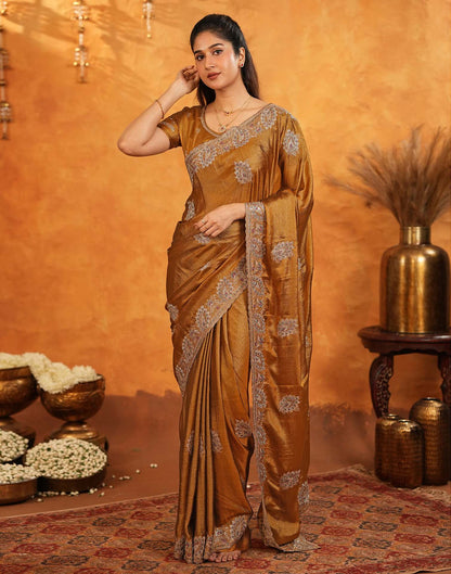 Dark Mustard Vichitra Silk Stone Work Embroidery Saree