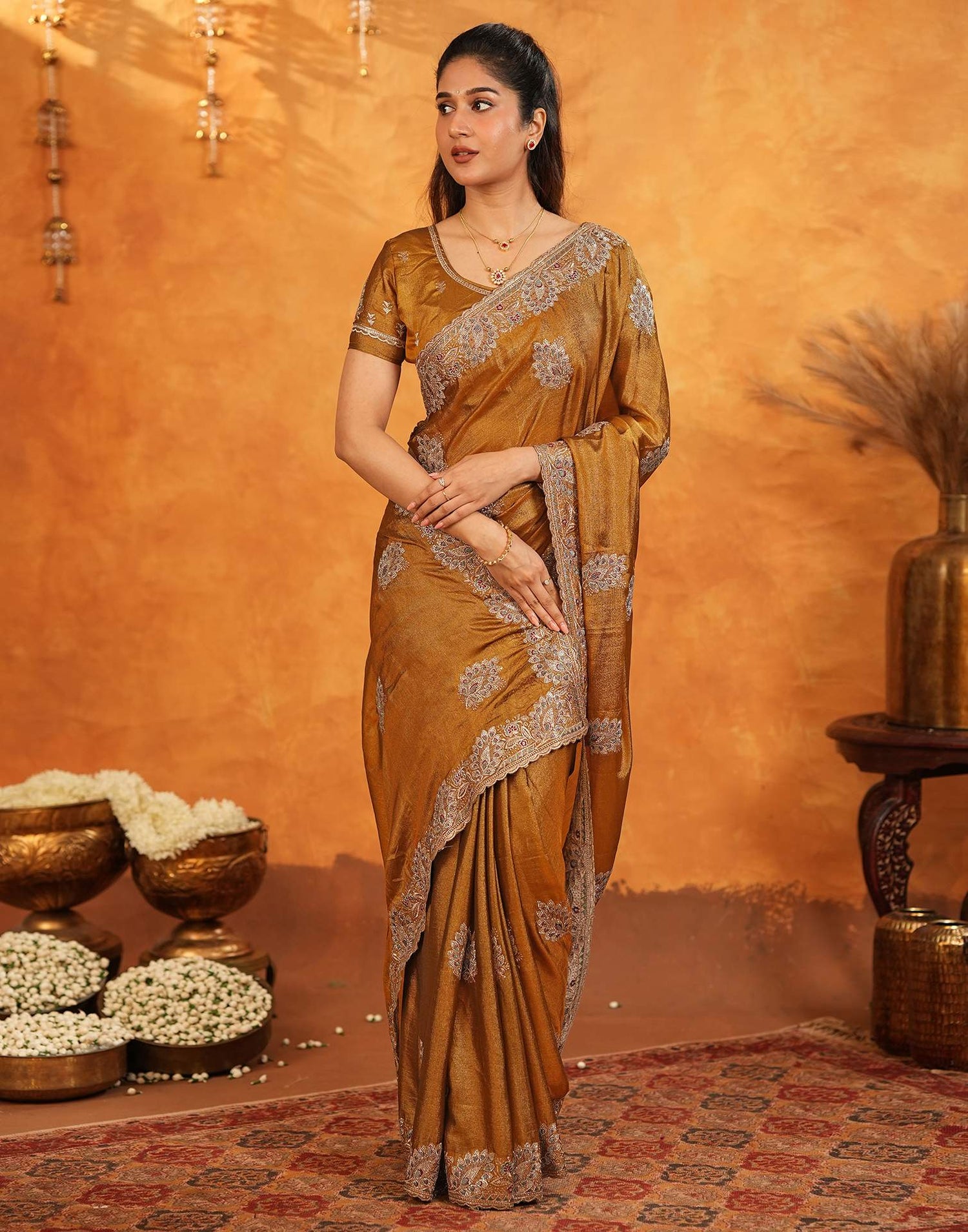 Dark Mustard Vichitra Silk Stone Work Embroidery Saree