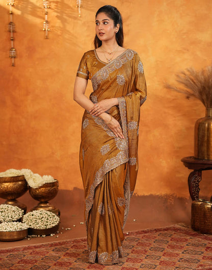 Dark Mustard Vichitra Silk Stone Work Embroidery Saree