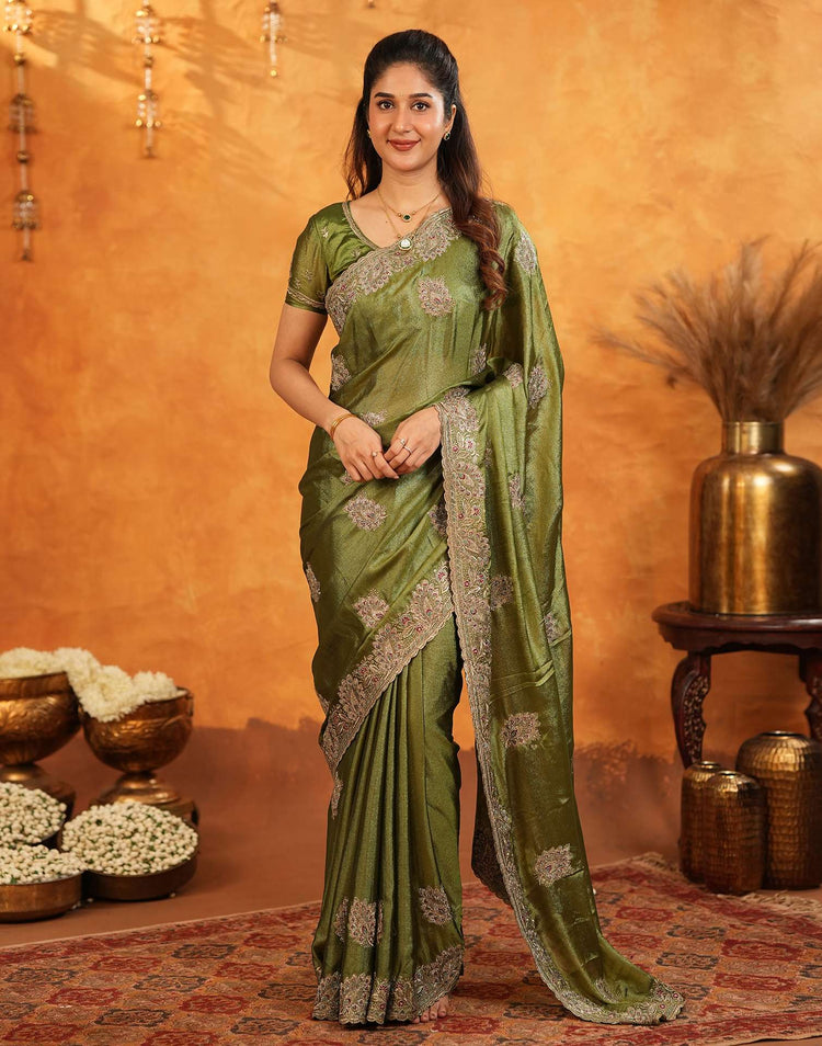 Mehandi Green Vichitra Silk Stone Work Embroidery Saree