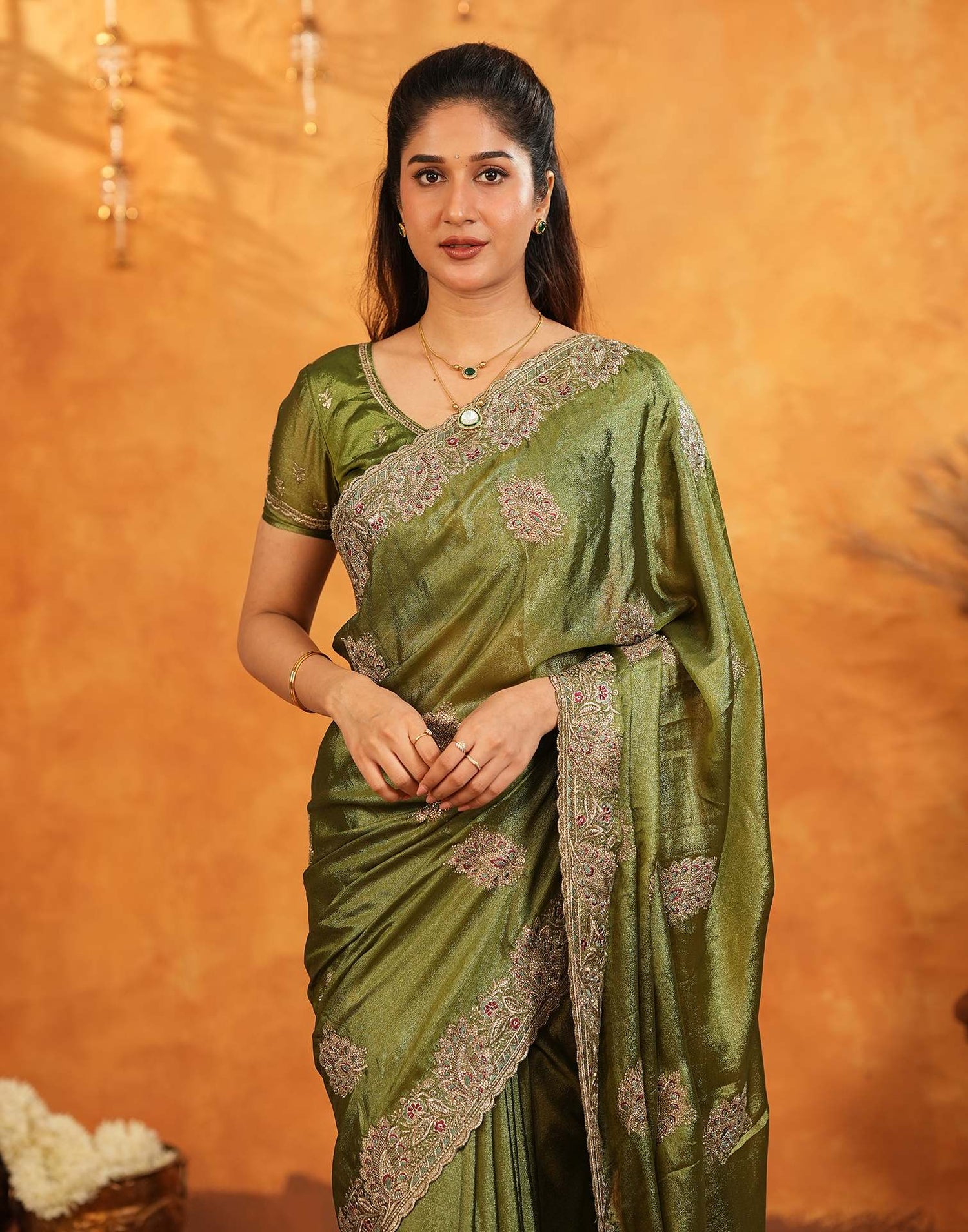Mehandi Green Vichitra Silk Stone Work Embroidery Saree