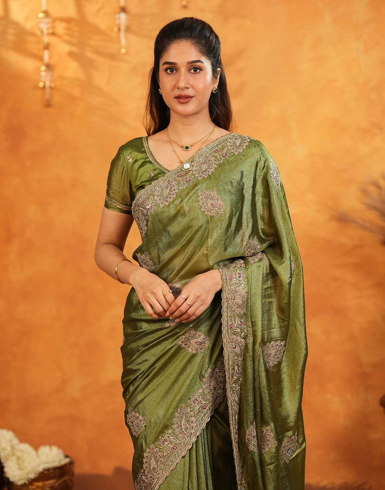 Mehandi Green Vichitra Silk Stone Work Embroidery Saree