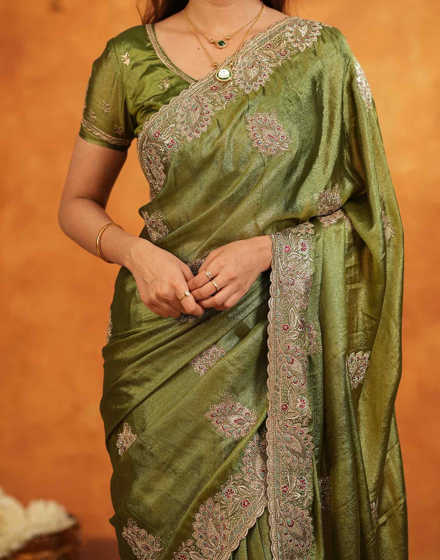 Mehandi Green Vichitra Silk Stone Work Embroidery Saree