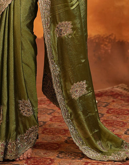 Mehandi Green Vichitra Silk Stone Work Embroidery Saree