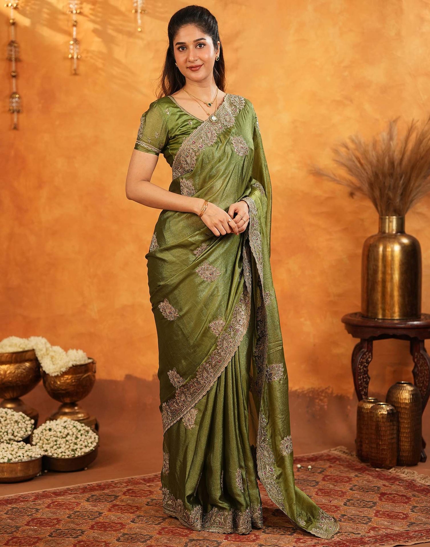 Mehandi Green Vichitra Silk Stone Work Embroidery Saree