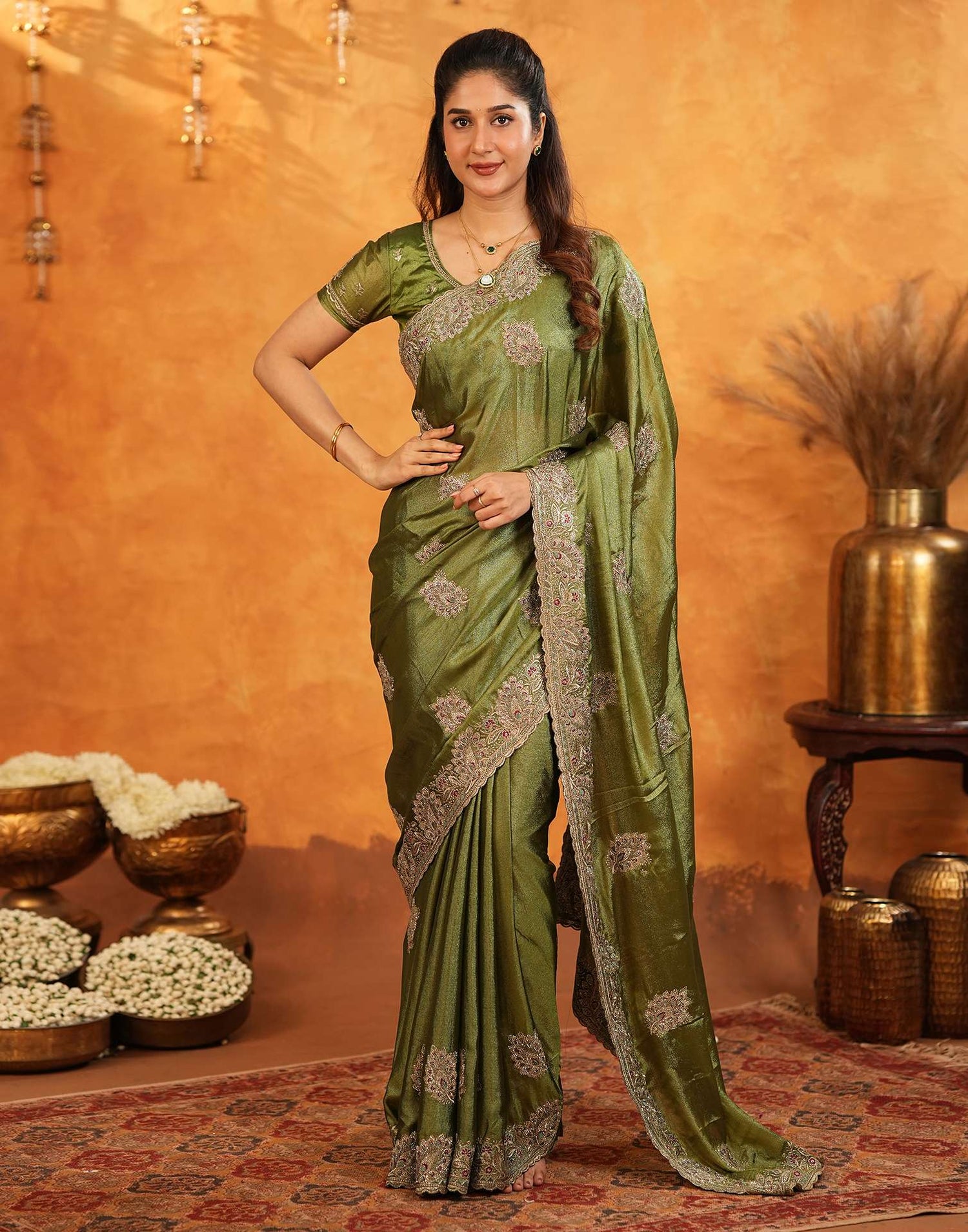 Mehandi Green Vichitra Silk Stone Work Embroidery Saree