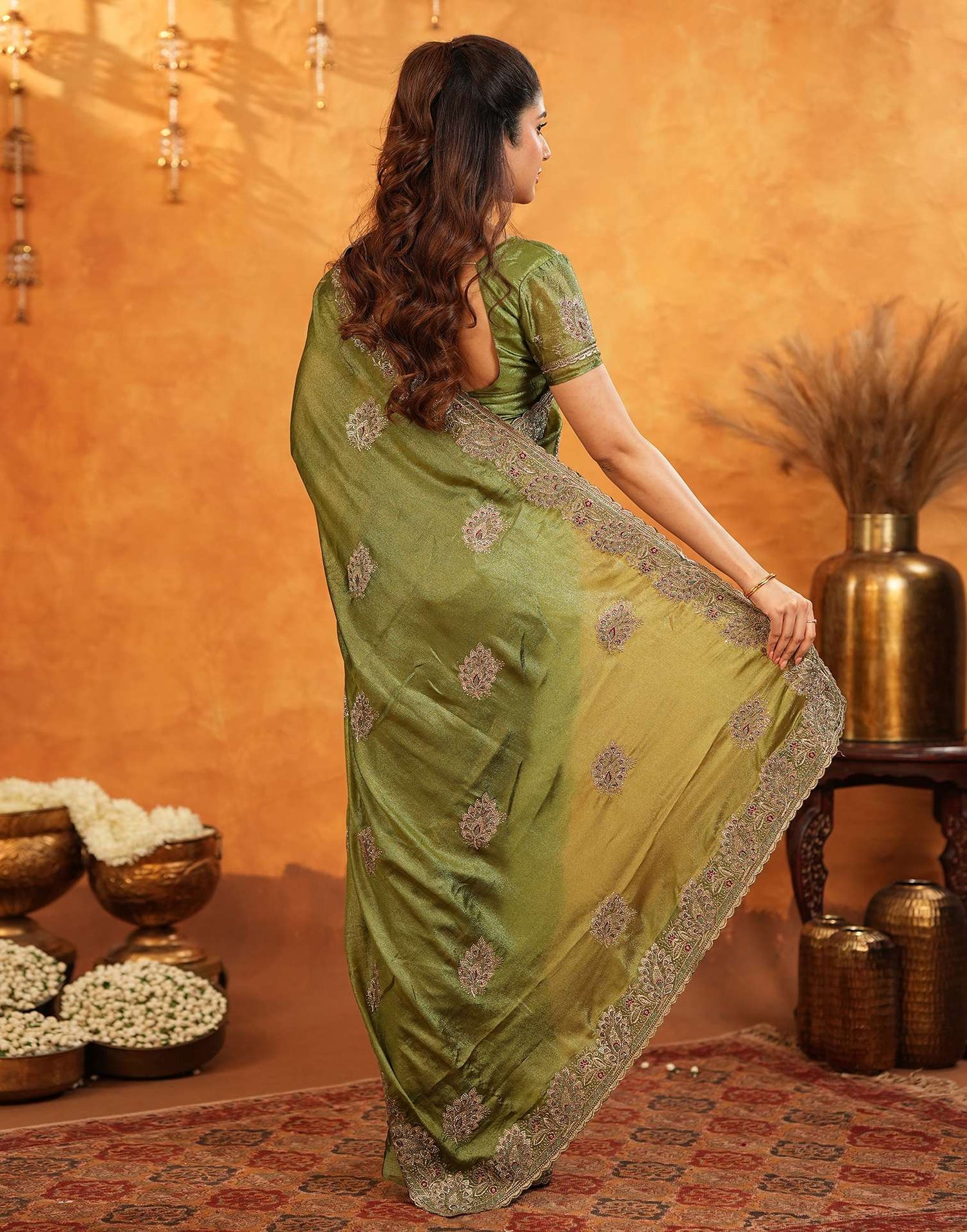 Mehandi Green Vichitra Silk Stone Work Embroidery Saree
