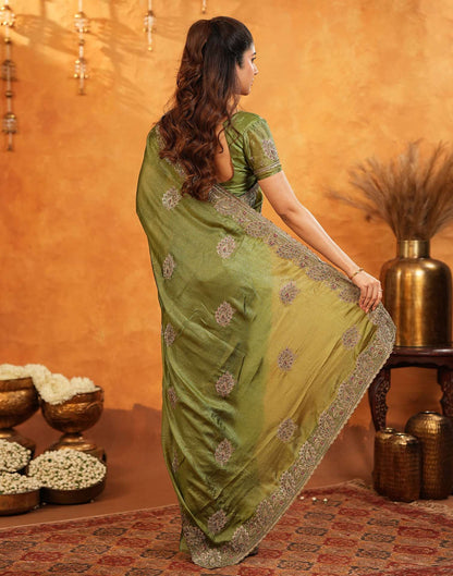 Mehandi Green Vichitra Silk Stone Work Embroidery Saree