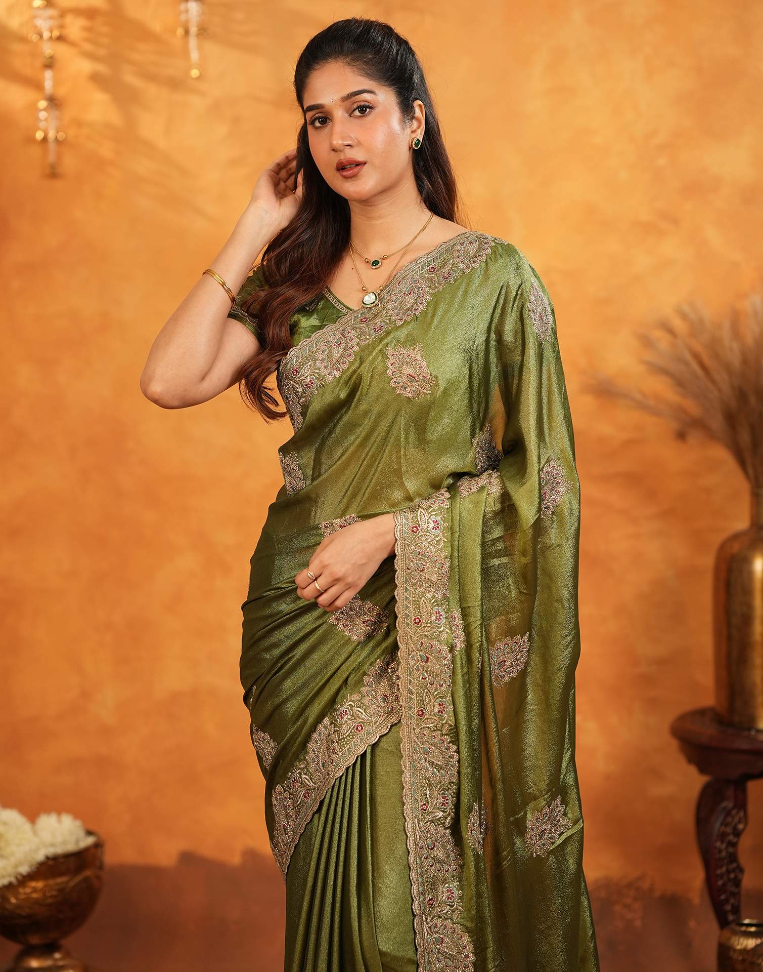 Mehandi Green Vichitra Silk Stone Work Embroidery Saree