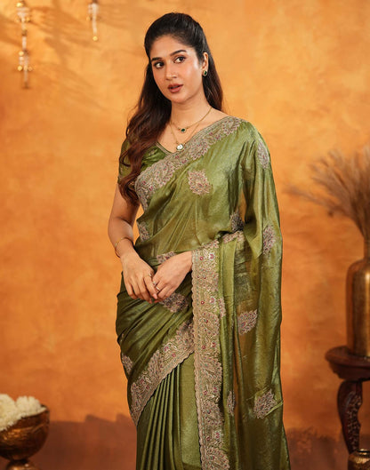 Mehandi Green Vichitra Silk Stone Work Embroidery Saree