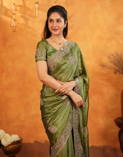 Mehandi Green Vichitra Silk Stone Work Embroidery Saree