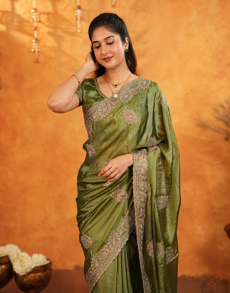 Mehandi Green Vichitra Silk Stone Work Embroidery Saree