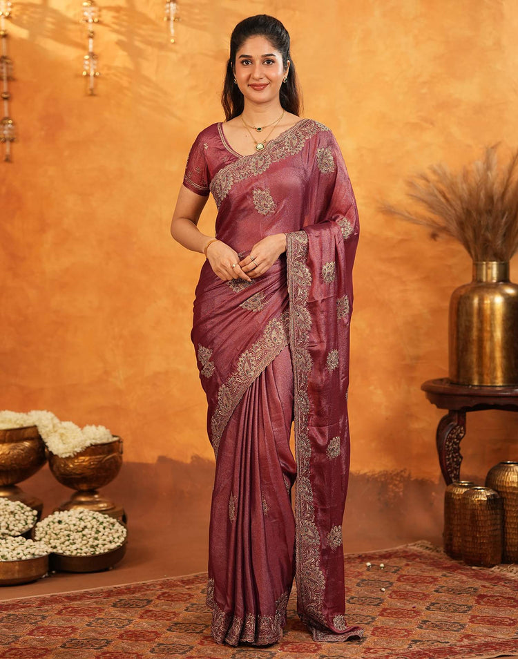 Dark Rose Pink Vichitra Silk Stone Work Embroidery Saree