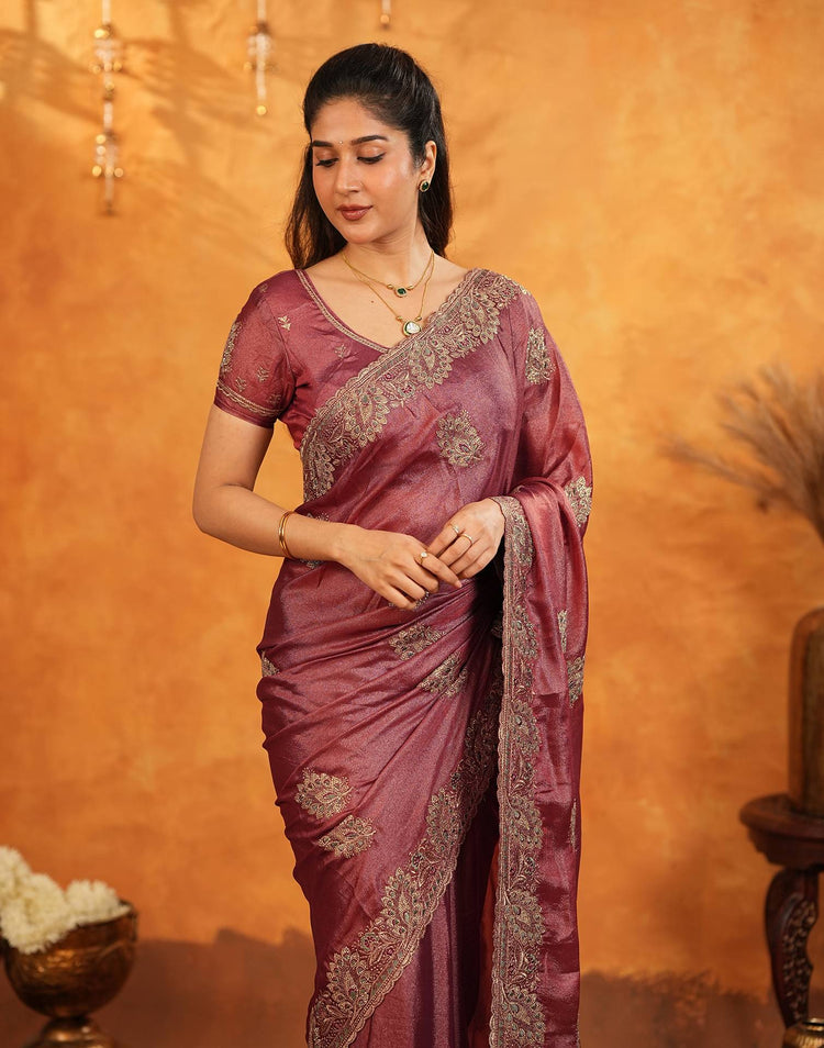 Dark Rose Pink Vichitra Silk Stone Work Embroidery Saree