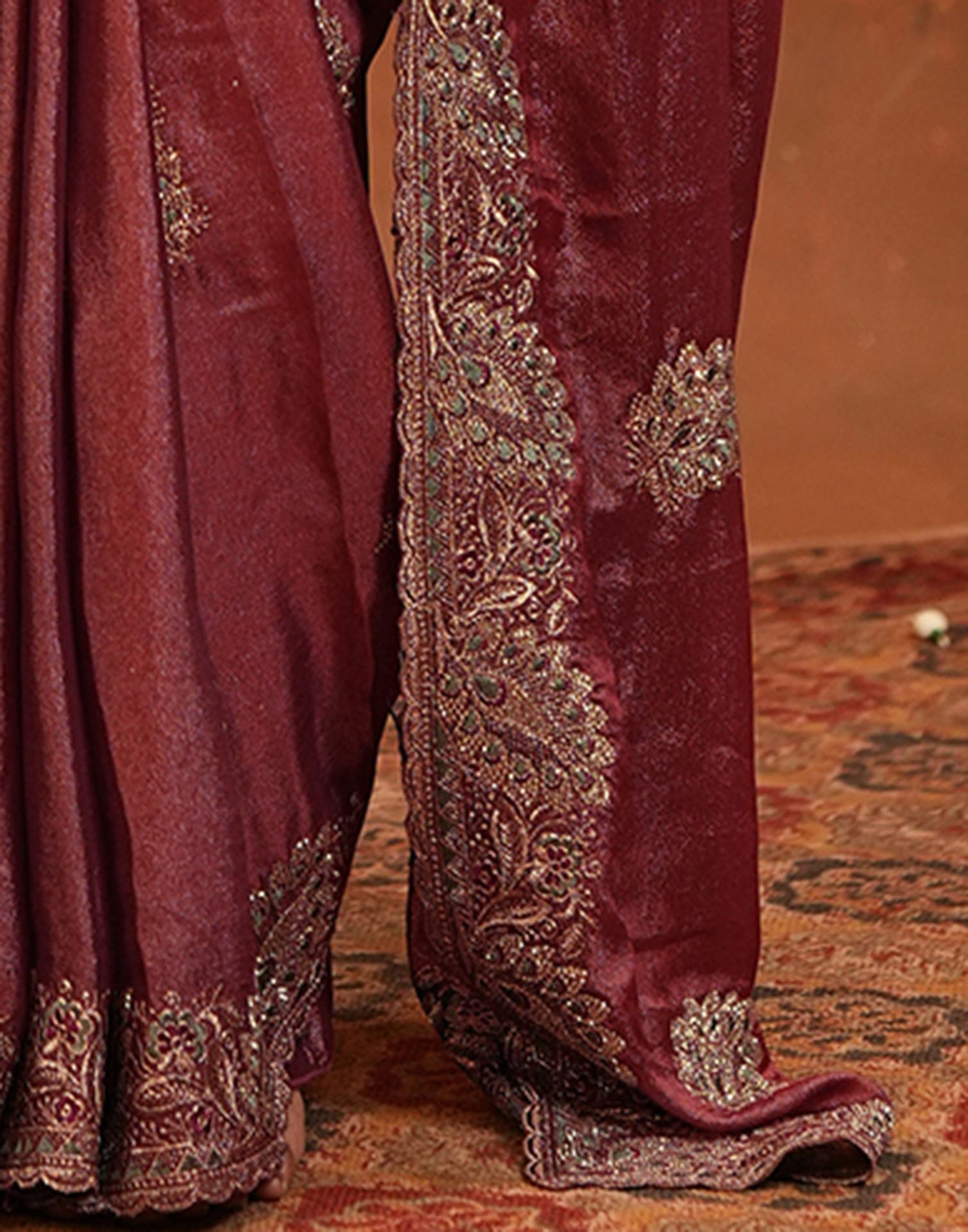 Dark Rose Pink Vichitra Silk Stone Work Embroidery Saree