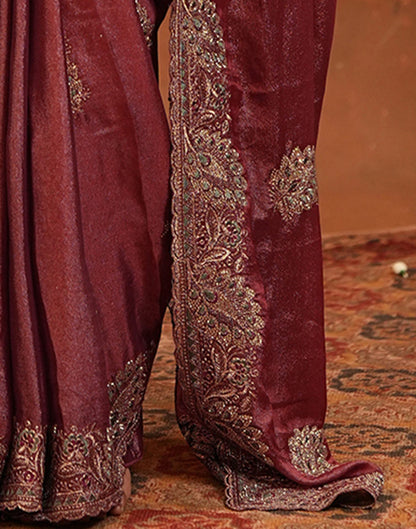 Dark Rose Pink Vichitra Silk Stone Work Embroidery Saree