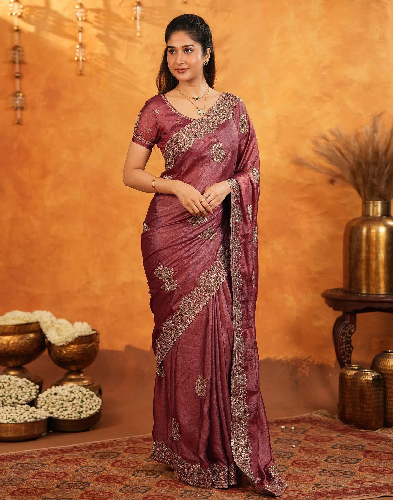 Dark Rose Pink Vichitra Silk Stone Work Embroidery Saree