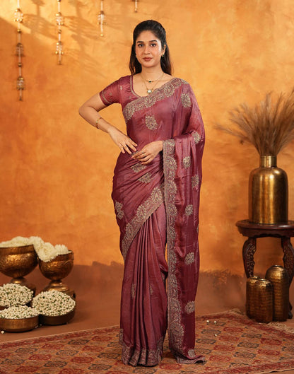 Dark Rose Pink Vichitra Silk Stone Work Embroidery Saree