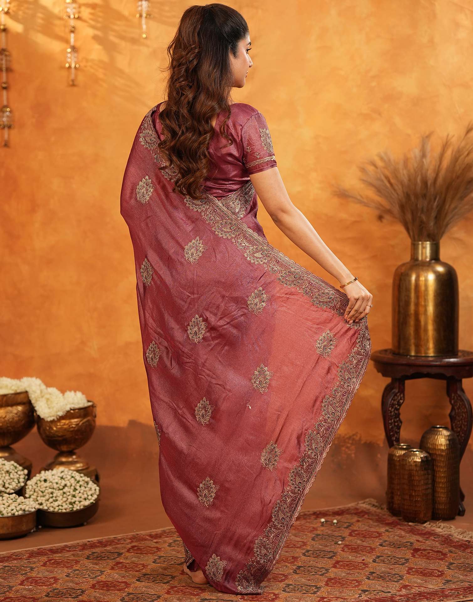 Dark Rose Pink Vichitra Silk Stone Work Embroidery Saree