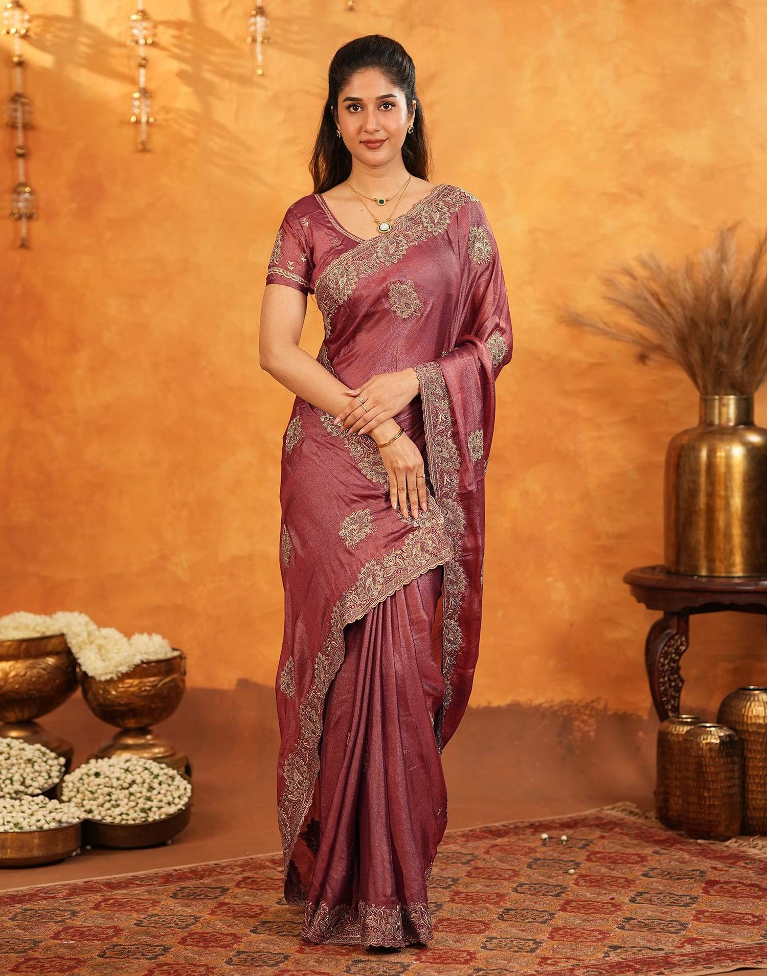 Dark Rose Pink Vichitra Silk Stone Work Embroidery Saree