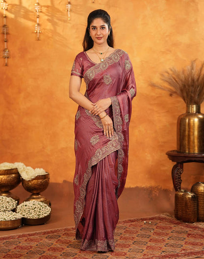 Dark Rose Pink Vichitra Silk Stone Work Embroidery Saree