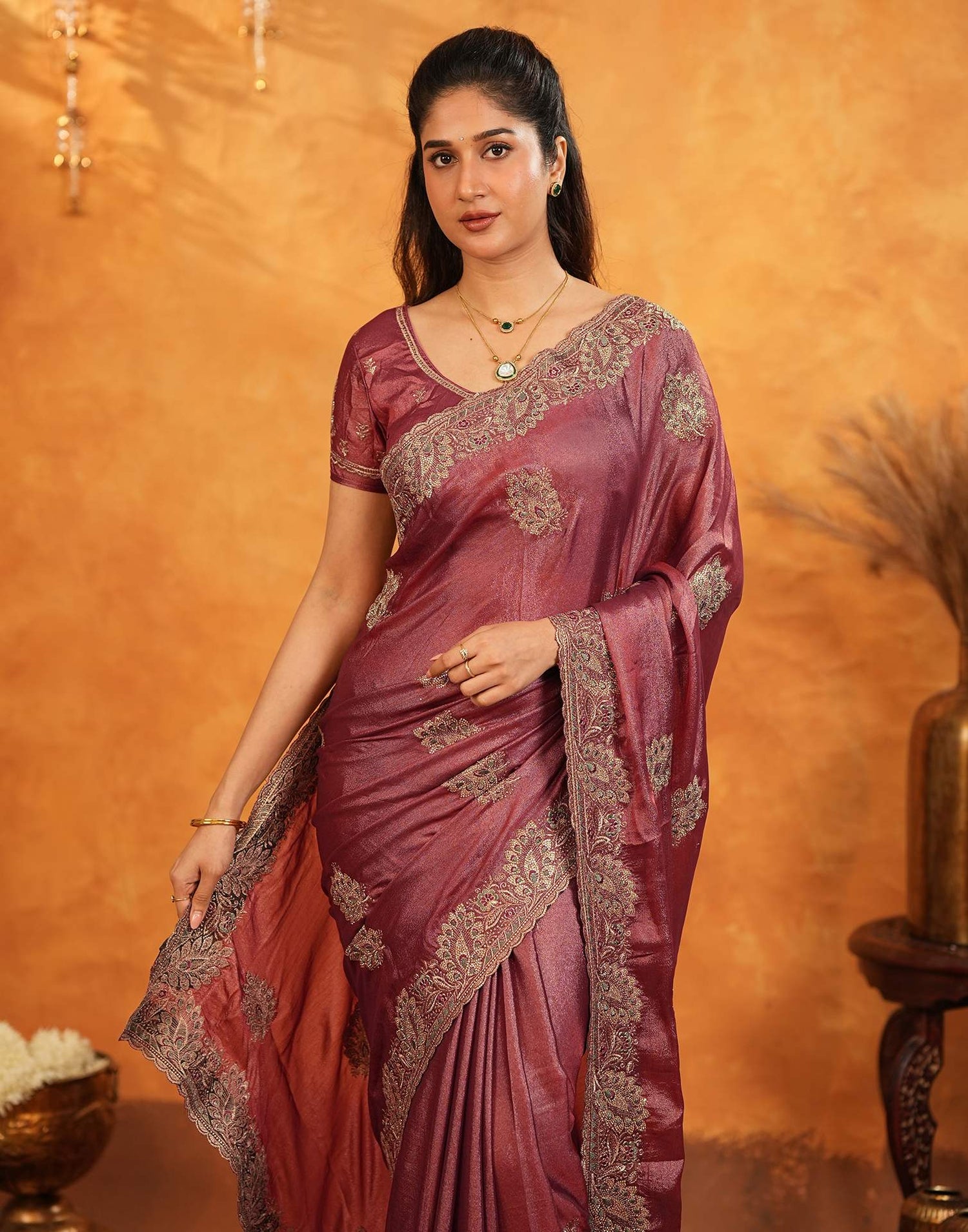 Dark Rose Pink Vichitra Silk Stone Work Embroidery Saree