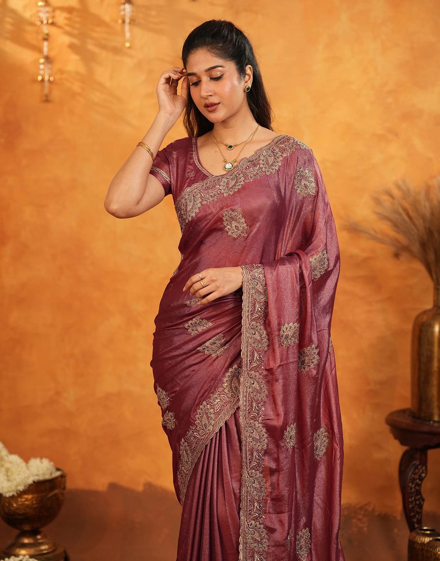 Dark Rose Pink Vichitra Silk Stone Work Embroidery Saree