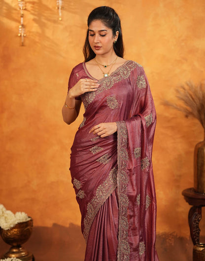 Dark Rose Pink Vichitra Silk Stone Work Embroidery Saree