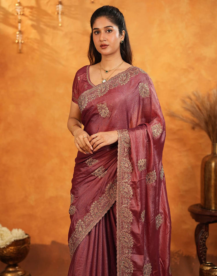 Dark Rose Pink Vichitra Silk Stone Work Embroidery Saree