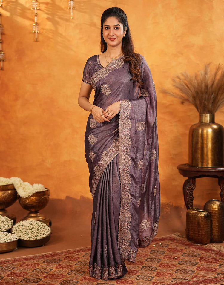 Dusty Purple Vichitra Silk Stone Work Embroidery Saree
