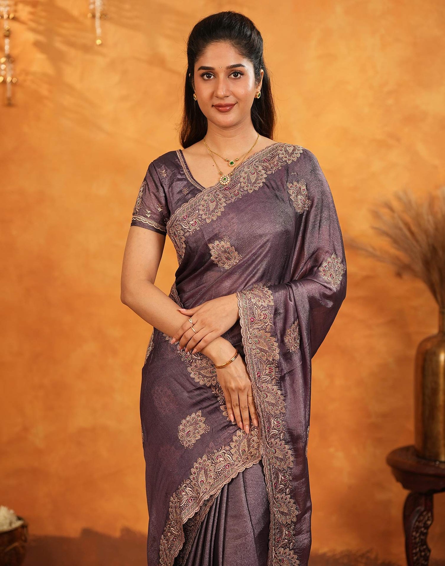 Dusty Purple Vichitra Silk Stone Work Embroidery Saree