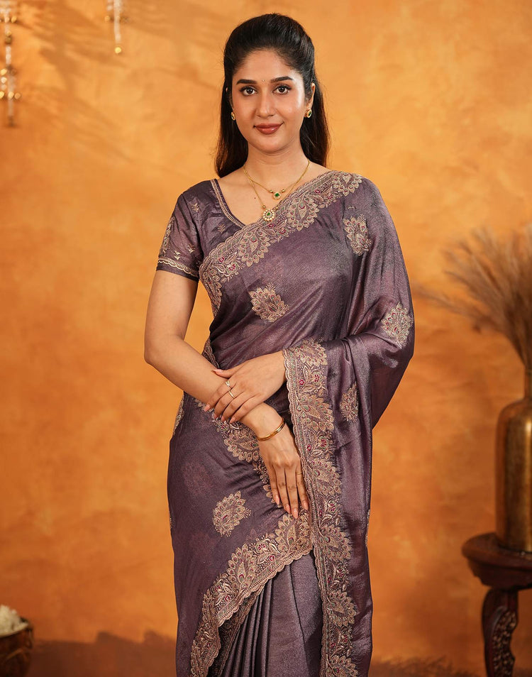 Dusty Purple Vichitra Silk Stone Work Embroidery Saree