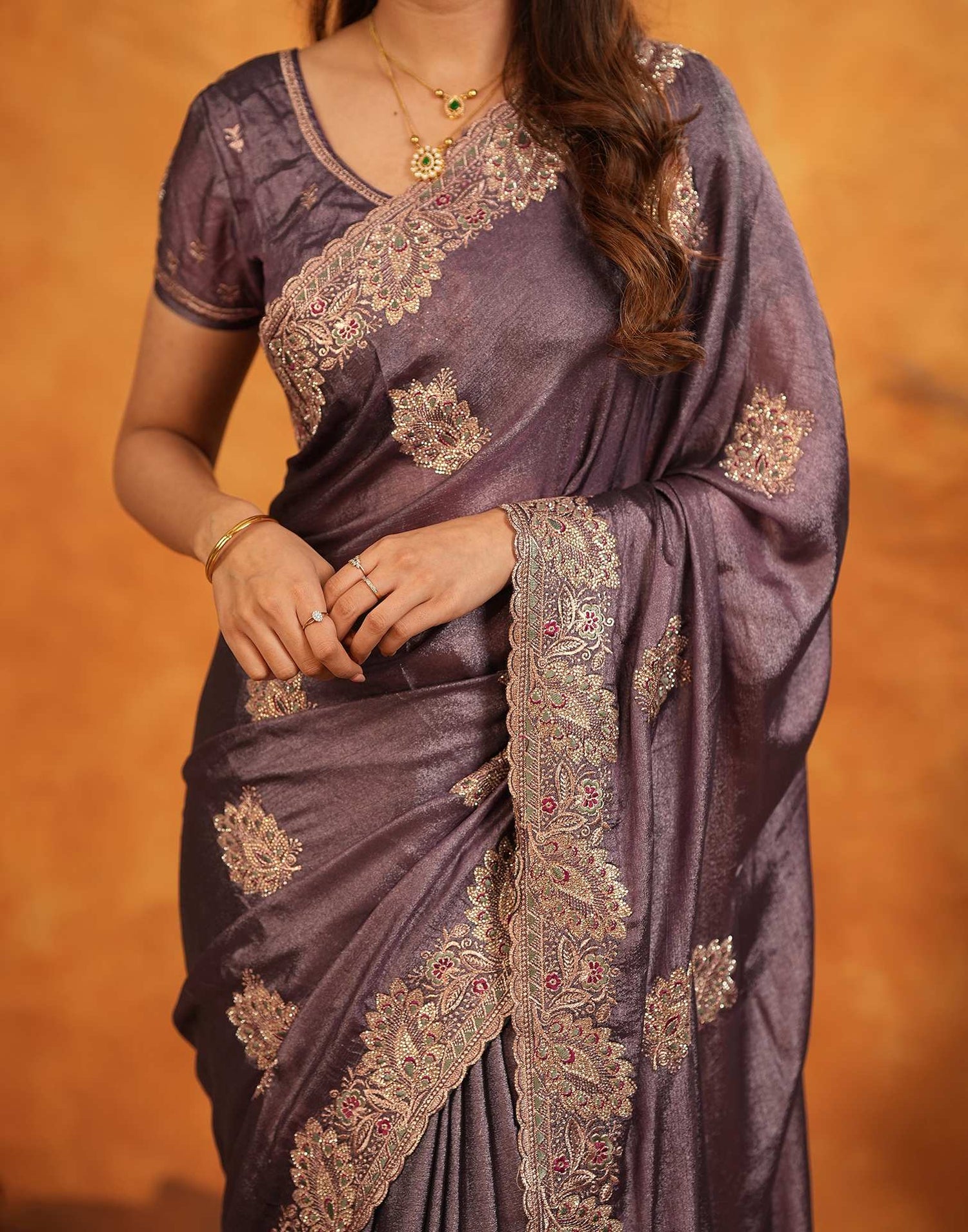 Dusty Purple Vichitra Silk Stone Work Embroidery Saree