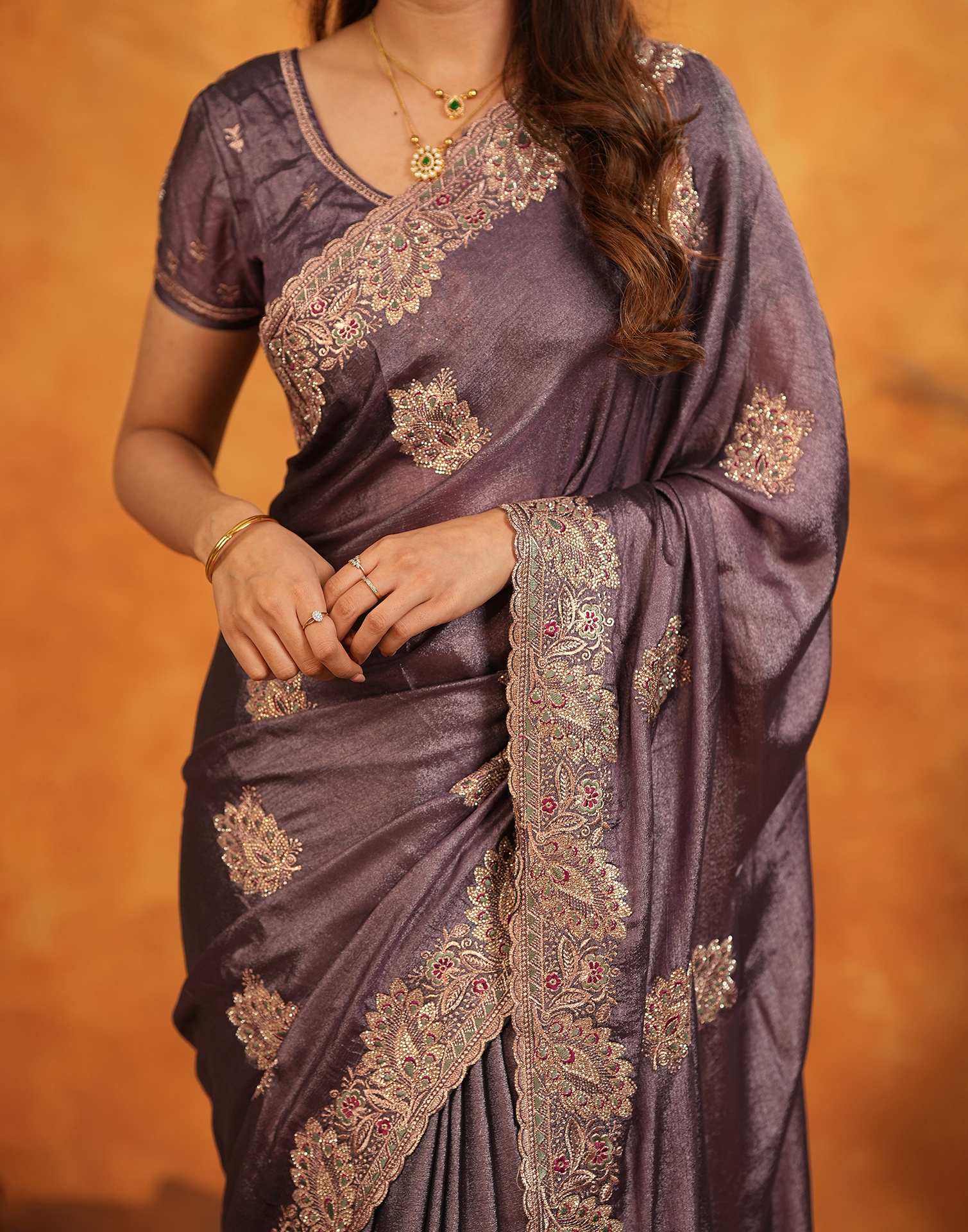Dusty Purple Vichitra Silk Stone Work Embroidery Saree