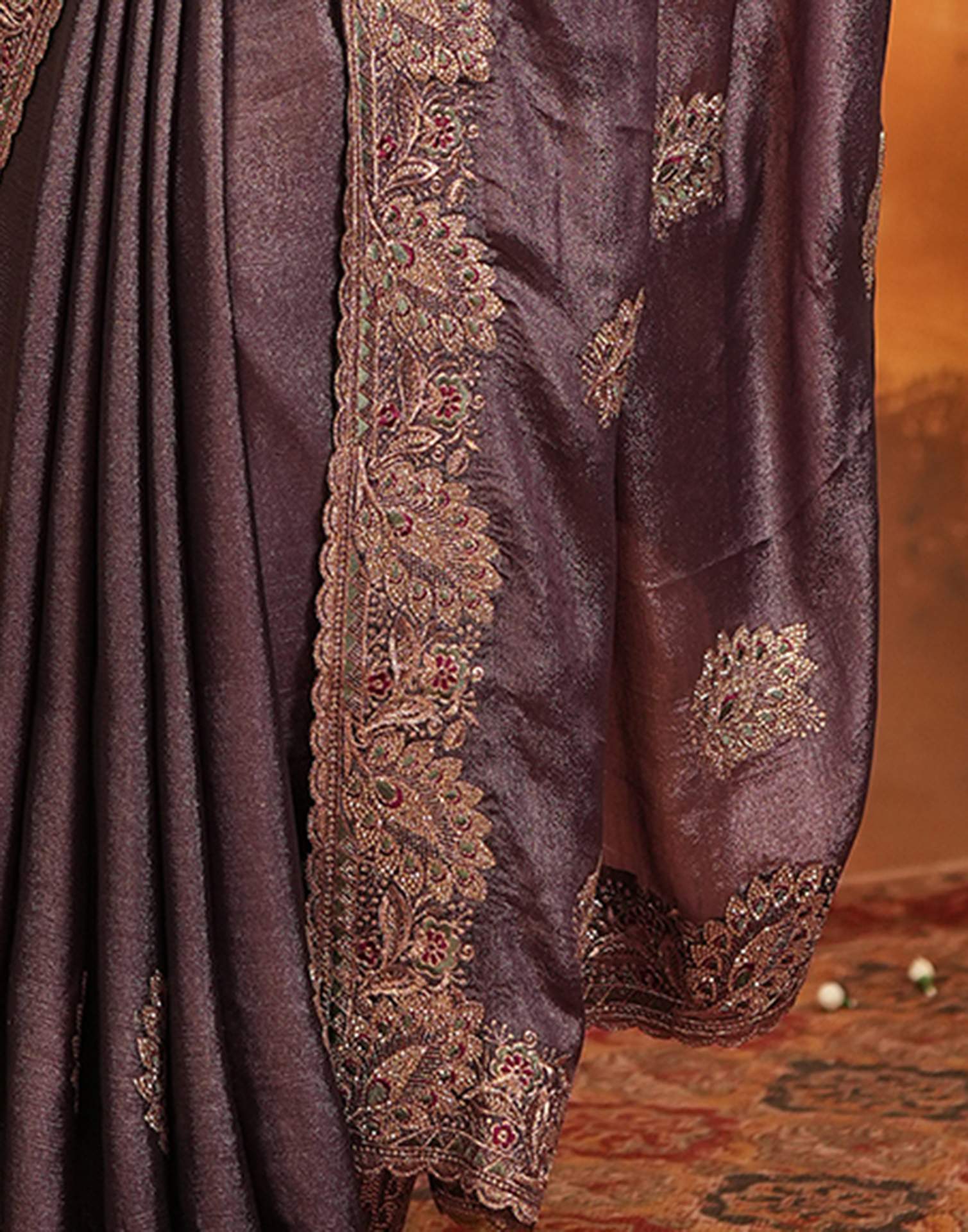 Dusty Purple Vichitra Silk Stone Work Embroidery Saree