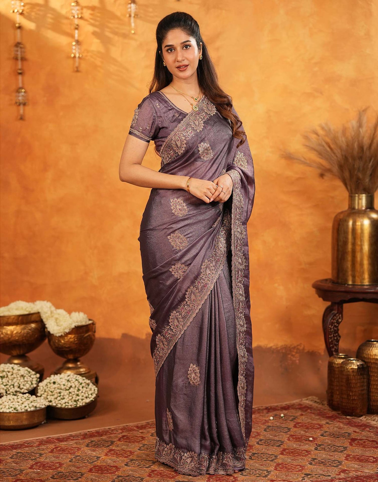 Dusty Purple Vichitra Silk Stone Work Embroidery Saree