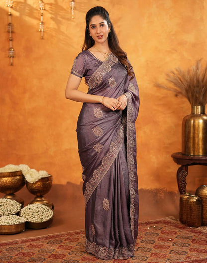 Dusty Purple Vichitra Silk Stone Work Embroidery Saree