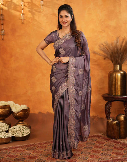Dusty Purple Vichitra Silk Stone Work Embroidery Saree