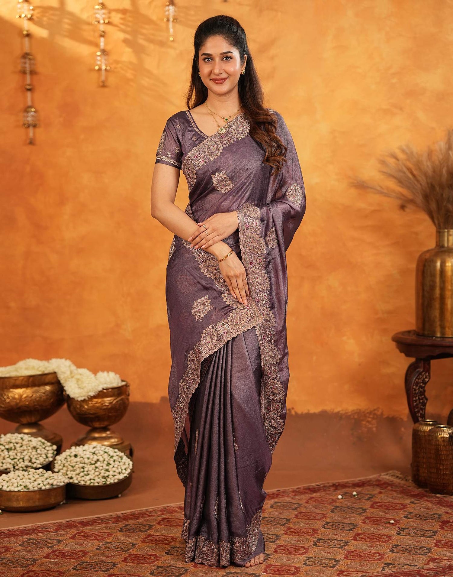 Dusty Purple Vichitra Silk Stone Work Embroidery Saree