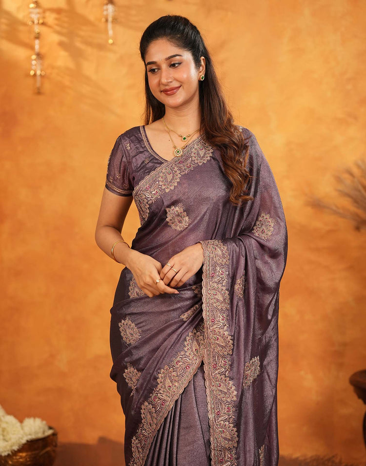 Dusty Purple Vichitra Silk Stone Work Embroidery Saree