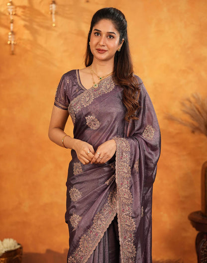 Dusty Purple Vichitra Silk Stone Work Embroidery Saree